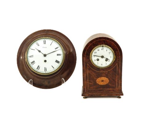 consisting of 2 clocks, including table clock with inlay, height 29 cm.
