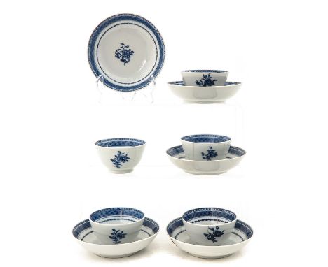 Blue and white floral decor, ca. 1800, saucers are 13 cm. in diameter, in diverse conditions.