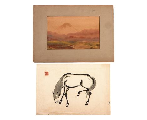Including a water color and block print signed with seal mark, 40 x 28 cm.