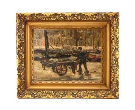 oil on panel, t.a. Isaac Isra‘ls, depicting man with handcart, 30 x 24 cm.