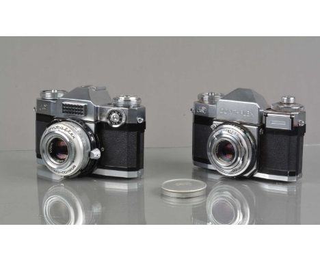 Two Zeiss Ikon Contaflex Cameras, a Contaflex II, shutter working, light cell responsive, body G-VG, with Carl Zeiss 45mm f/2