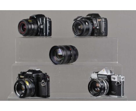 Four SLR Cameras, a Petri Flex V, shutter working, body G, with Petri 55mm f2 lens, G, Ricoh XR-2, shutter working, meter res