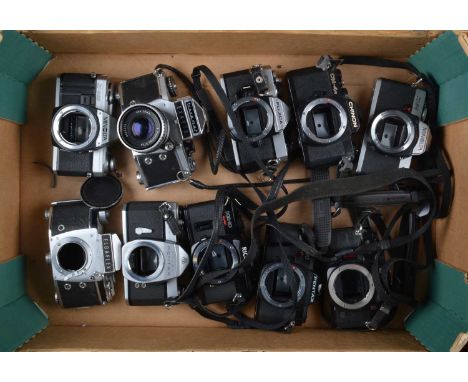 A Tray of SLR Camera Bodies, a Minolta X-300, XG-1, shutters working, meters responsive, bodies G-VG, Fujica STX-1, shutter w