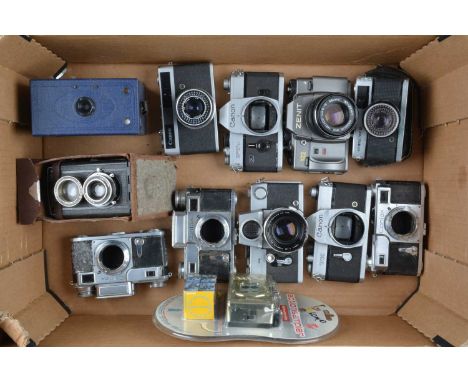 A Tray of Various Cameras, including a Contax II, two Contax III bodies, Canon TX, FTb body, Canon Canonet Junior,  Petri 7, 