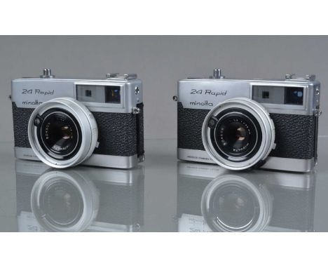 Two Minolta 24 Rapid Rangefinder Cameras, shutters working, meters responsive, rangefinders function, bodies G-VG, elements G