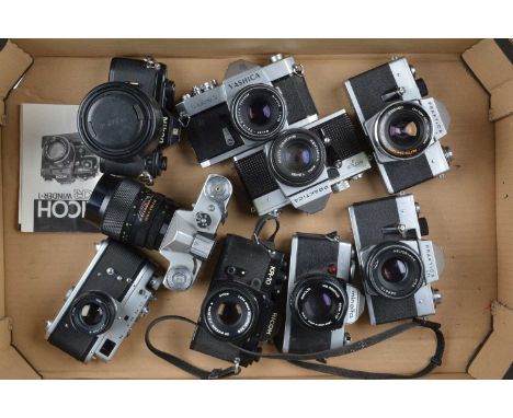 A Tray of SLR Cameras, a Praktica L, LTL, MTL 3, Minolta XG2, Ricoh KR-10, Yashica TL Electro X, Zenit E, Nikon EM and a Zork