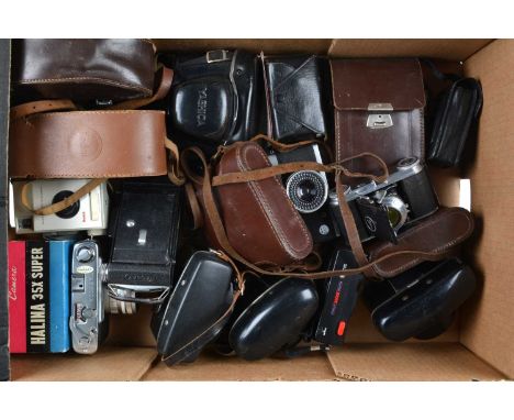 A Tray of Various Cameras, including a Zeiss Ikon Nettar, Voigtländer Vito, Kodak Six 20 folding camera, Konica EE Matic, Yas