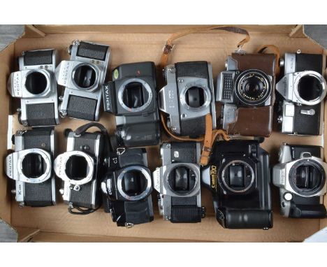 A Tray of SLR Camera Bodies, a Pentax K 1000, MX, S3, S1a, SF7, Canon AL-1, T90, Minolta LR, SR-1s, Dynax 3 and a Cosina C1, 