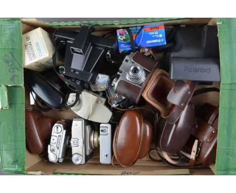 A Tray of Viewfinder Cameras, manufacturers include Ilford, Halina, Agfa, Bencini, Kodak, with a Polaroid Super Colour Swinge