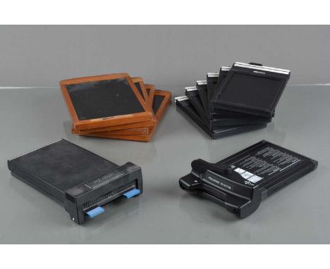 Ten Fidelity Elite 4x5 film holders, all with dark slides, G-VG, with two Polaroid 4x5 holders and four 5x6¾'' wooden film ho
