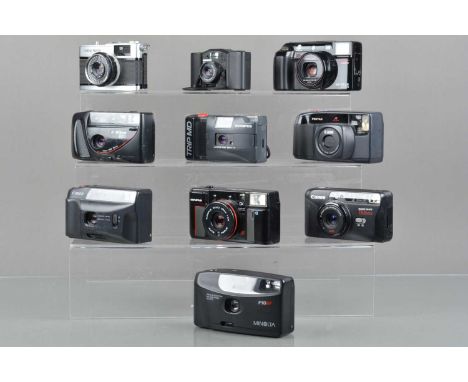 A Tray of Compact Cameras, including a Minox 35 PL, Olympus Trip 35, light cell unresponsive, Trip MD, AFL-S, Nikon RF2, Cano