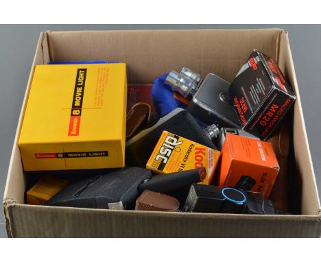 A Box of Camera Related Items, including a Baaland tabletop tripod, Godax LED video light, in maker's boxes, VG, Nikon Coolpi