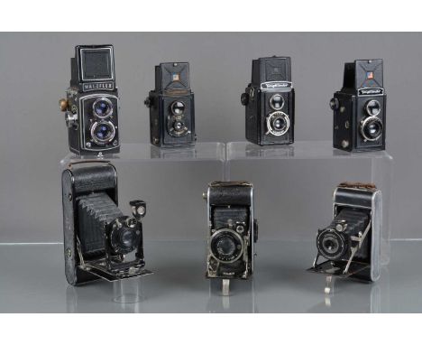 Four TLR Cameras, a Voigtlander first model, shutter working, brassing & wear, 1932 model, shutter fast on slow speeds, F-G, 