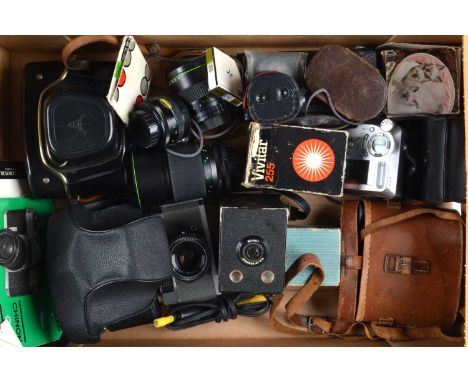 A Tray of Various Cameras, including an Olympus EE rangefinder camera, shutter working, light cell unresponsive, G a Praktica