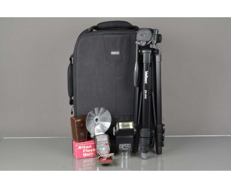 Camera Related Accessories, including a Nikon model V flash unit, with case, manual,  in maker's box, Velbon EX-640 tripod, V