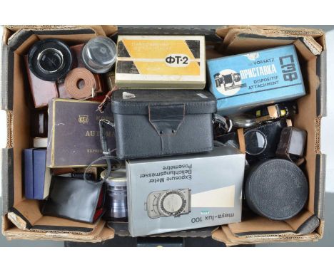 A Tray of Camera Related Items, including a Zenza Bonica TTL exposure meter, untested, other light meters, Schneider Kreuznac