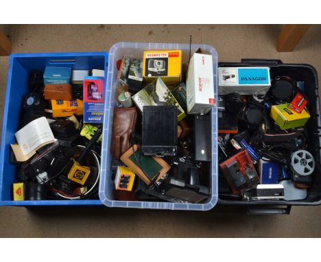 Three Boxes of Camera Related items, including filters, tubes, converters, flash units, light meters, camera parts, macro bel