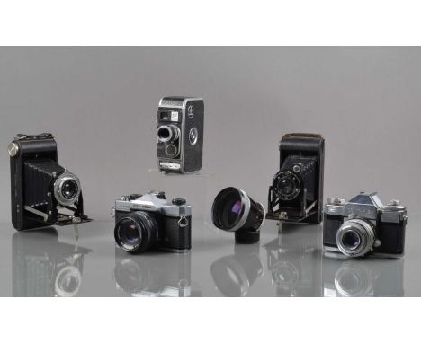 A Group of Various Cameras, a Contaflex II, mirror sticking, meter responsive, body F-G, with Carl Zeiss 50mm f/2.8 Tessar & 