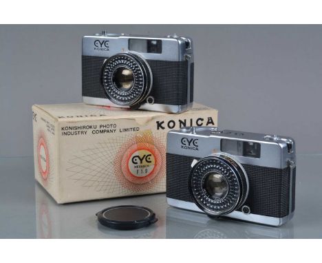Two Konica EYE Half Frame Cameras, shutters working, light cells/red flags responsive, bodies G-VG, elements G-VG, one in mak