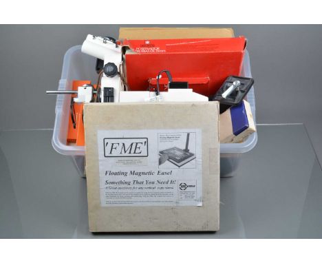 Darkroom Equipment, including a Meopta Opemus 5a head, easels, tanks, Paterson 35mm proof printer, safe light, enlarging lens