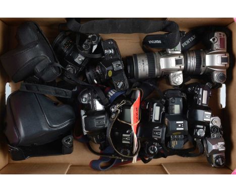 A Tray of SLR Cameras, a Pentax MZ-7, with SMC FA 35-80mm lens, MZ-50, with SMC FA 28-80mm lens, ME Super body, Canon T70, EO