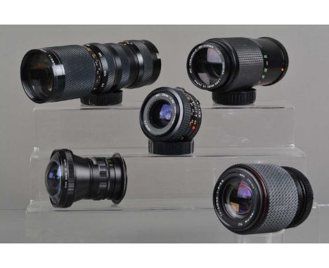 A Small Group of SLR Lenses, various mounts, a Minolta MD 28mm f/3.5 lens, Galaxy 0.15X fish eye lens, Tokina 70-210mm f/4-5.