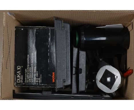 Darkroom Equipment, including an Ilford contact printing frame, LPL easel mask, Duka 10 darkroom light, two MEI L guillotines