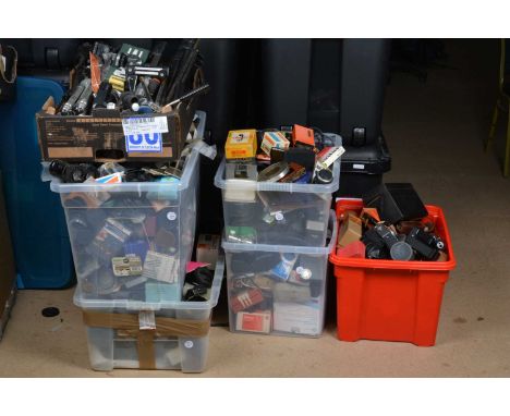 Six Boxes of Camera Related Accessories, including light meters, flash units, hoods, caps, filters, tubes, mount adapters, co
