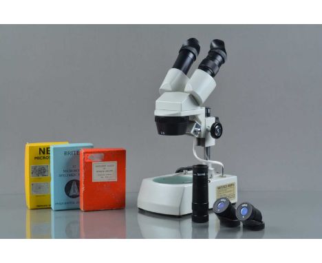 A Wessex WSP4 Stereo Viewer Binocular Microscope, untested, with W10X & W20X eye pieces, G-VG, an array of specimen slides, m