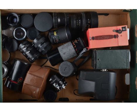 A Tray of Camera Related Items, including a UV Topcor 135mm f/4 lens, Praktica 135mm f/2.8 lens, G, tubes, converters, Polaro