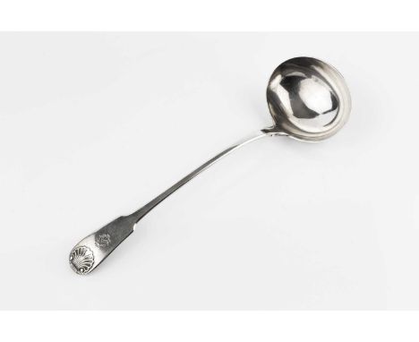 A George III silver fiddle and shell pattern soup ladle, by William Eley &amp; William Fearn, London 1818, 34cm long, 8oz