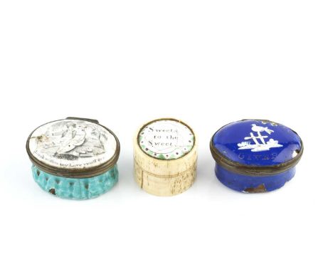 An 18th century bone cylindrical small box, the cover inset with an enamel roundel inscribed 'Sweets to the Sweet', 2.7cm dia