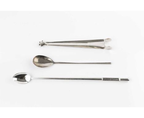 A silver long spoon, the tapering handle inscribed 'Eastington Hall Stirrer', maker S.G.R, London 1985; another, slightly sma