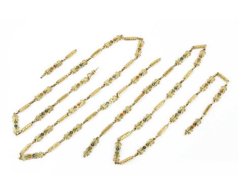 A 19th century Swiss enamel long chain, designed as a line of shaped rectangular panels, alternately decorated with polychrom