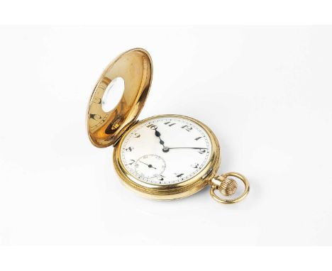 A 9ct gold half hunter pocket watch, the white dial with stylised Arabic numerals and subsidiary seconds dial, to a keyless w