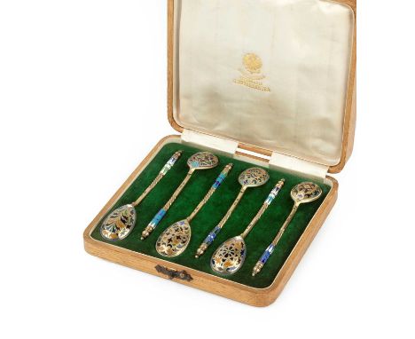 A set of six early 20th century Russian silver gilt and plique-à-jour enamel spoons, each of a different design, with twist c