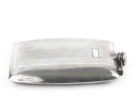 An American silver hip flask, of slightly curved rectangular design, with reeded decoration, and having screw cover on hinged