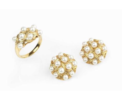 A cultured pearl ring and ear clips suite, each designed as a lattice-work panel, interspersed with graduated cultured pearls