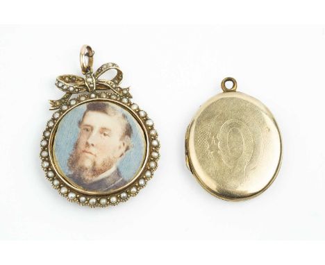 A late Victorian half pearl locket pendant, the dual-sided glazed locket containing two portrait miniatures on ivory, to a ha