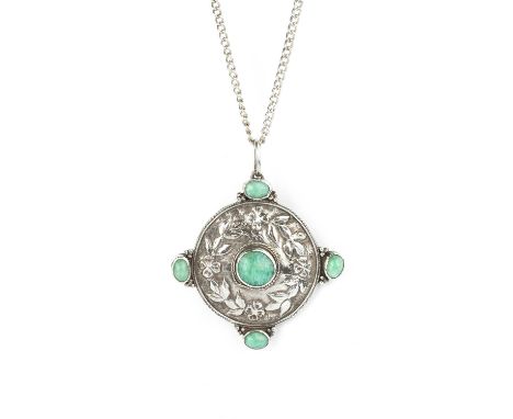 An Arts and Crafts pendant, the circular panel decorated with a wreath of foliage and flowerheads, centred with an amazonite 