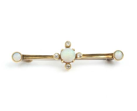 An opal and diamond bar brooch, the slightly tapered bar centred with a circular cabochon opal in claw setting, bordered by m