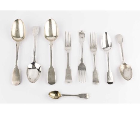 A quantity of mainly 19th century silver fiddle pattern flatware, comprising five tablespoons, a table fork, sixteen dessert 