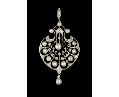 A pearl and diamond pendant/brooch, designed as an openwork anthemion-shaped panel, millegrain set with graduated round brill