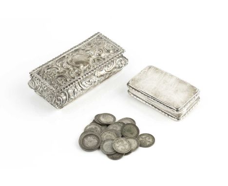 An early Victorian silver rectangular snuff box, with ropetwist border, maker H.D, Sheffield 1837, 6cm wide; an Edwardian sil