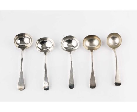 A George III silver Old English pattern sauce ladle, by Duncan Urquhart &amp; Naphtali Hart, London 1803, and four further si