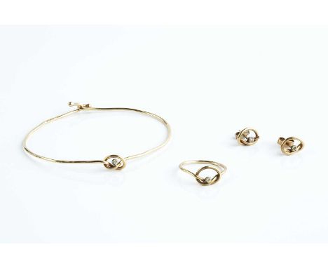 A diamond set bangle, ring and ear studs suite, each designed as a round brilliant-cut diamonds set knot motif, 9ct gold moun