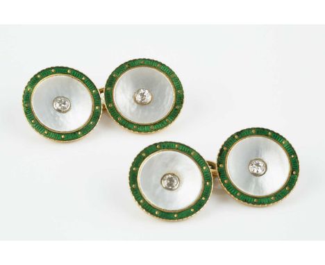 A pair of diamond, enamel and mother of pearl cufflinks, each circular mother of pearl panel centred with an old-cut diamond,