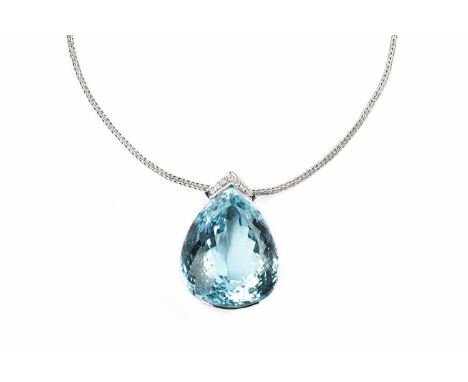 A blue topaz and diamond pendant on chain, the pear-shaped mixed-cut blue topaz in part collet setting, surmounted by a wishb