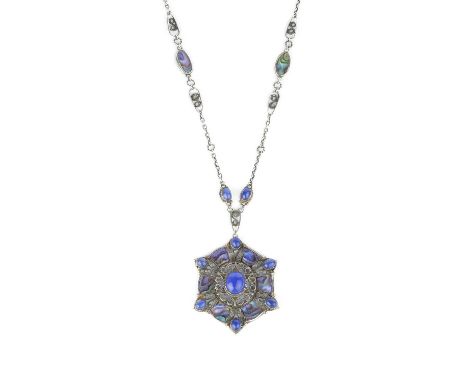 An Arts and Crafts pendant necklace, the openwork pendant designed as a cluster of oval blue stained agate cabochons, spaced 