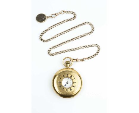 An 18ct gold half hunter pocket watch, the white enamel dial with black Roman numerals and subsidiary second dial, to a keyle